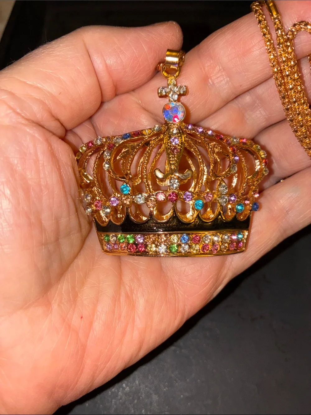Gold Crown Pendant Necklace with Multicolor Crystals